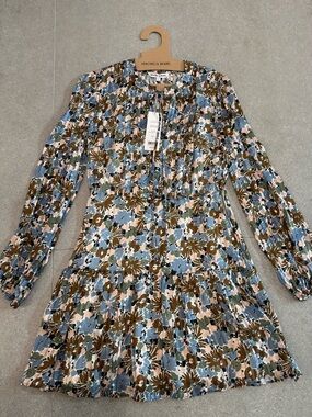 Veronica Beard Lake Mist Multi Floral Tie-Neck Tiered Mini Dress